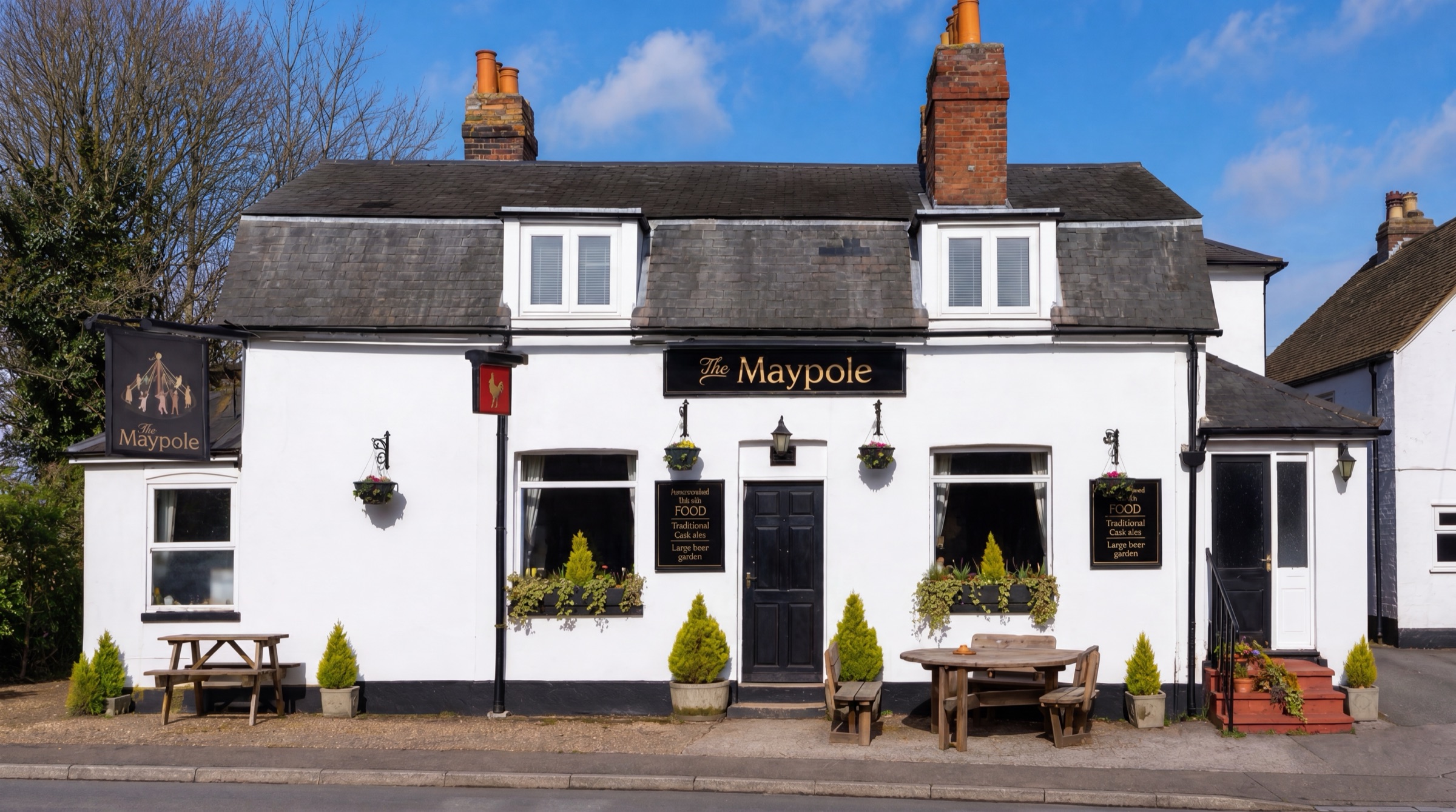 The Maypole pub frontage in Borden, Kent — a white-rendered country pub with gold 'The Maypole' signage, hanging baskets and a black front door