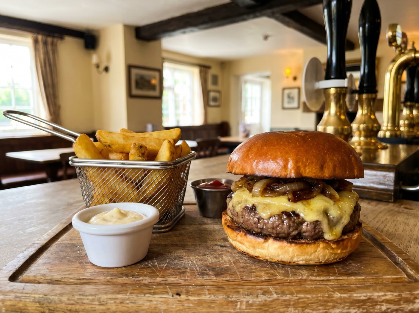 A pub-style beef burger with chips at The Maypole Inn