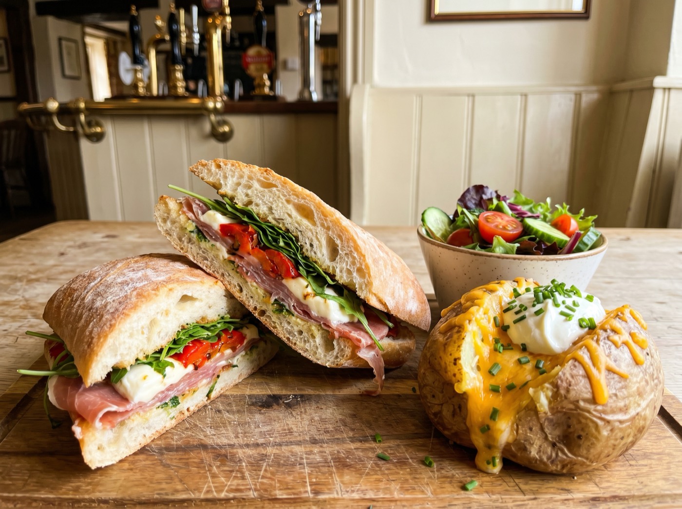 A ciabatta sandwich and loaded jacket potato at The Maypole Inn
